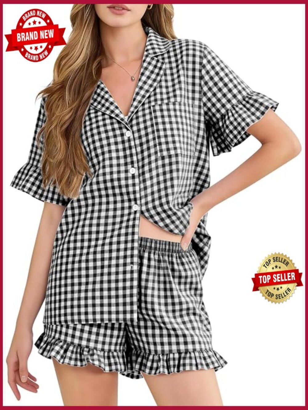 Womens Gingham Pajamas Set 2 Piece Cotton Pj Lounge Sets Ruffle Sleeve Shirt